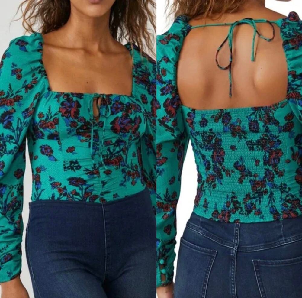 Free People Floral Hilary Printed Square Neck Top In Green Combo Size Small New